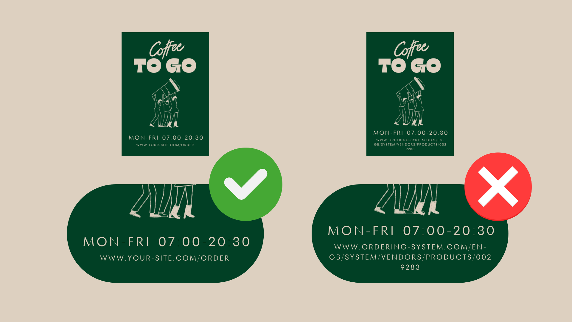 Example of long URL vs short URL on a printed flyer