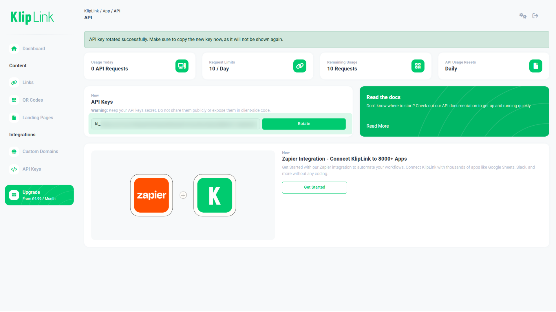 KlipLink API Keys Screenshot