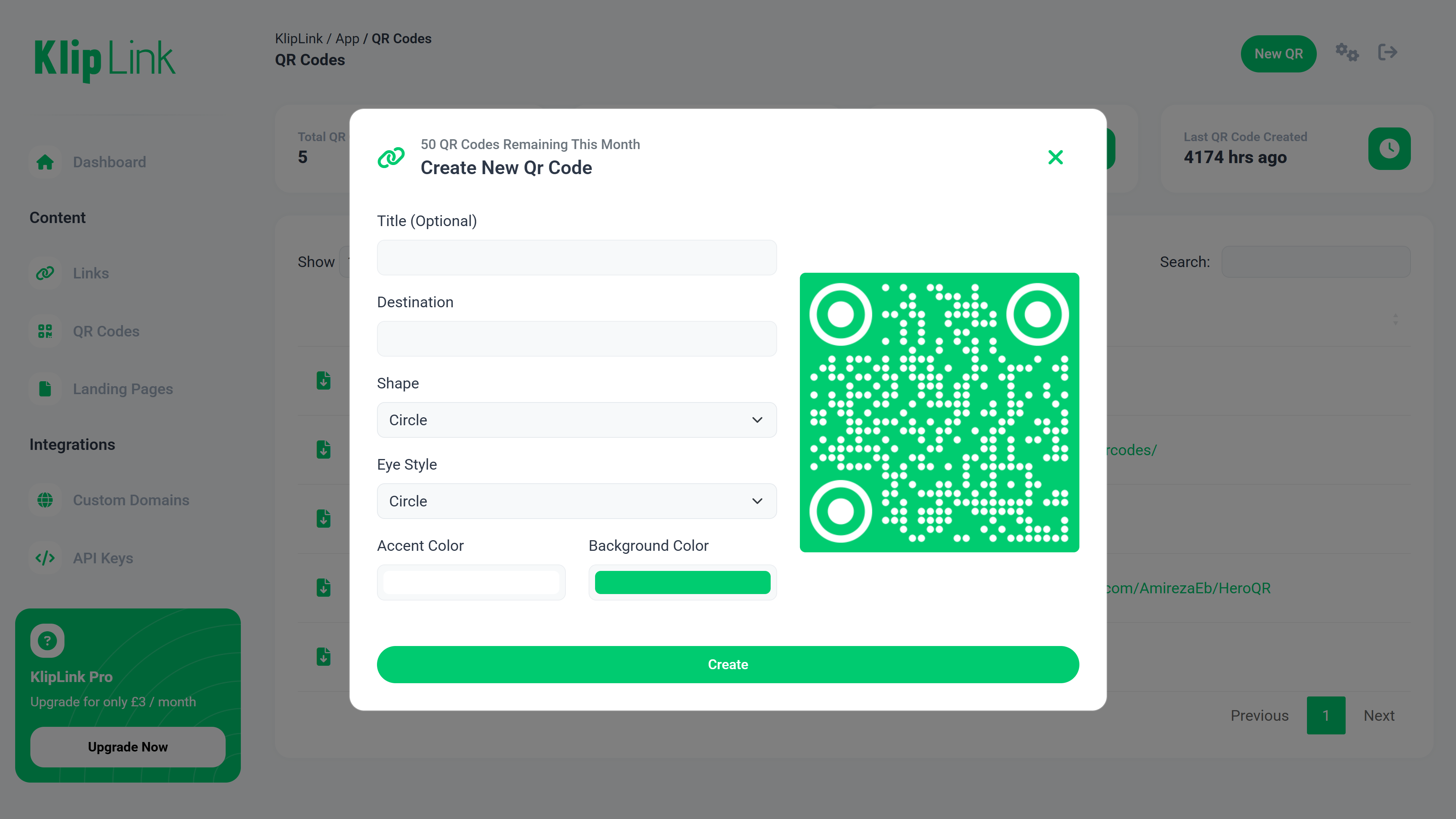 KlipLink QR Code Dashboard Screenshot