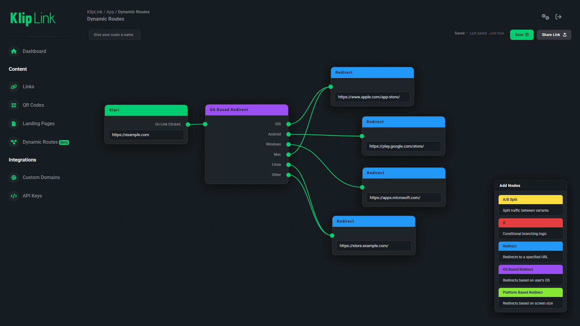 KlipLink Dynamic Routes node-based route builder.